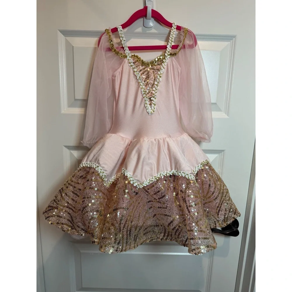 Pink Gold Sequin Dance Costume Tutu  Sheer Long Sleeves Kids Performance Comp MC